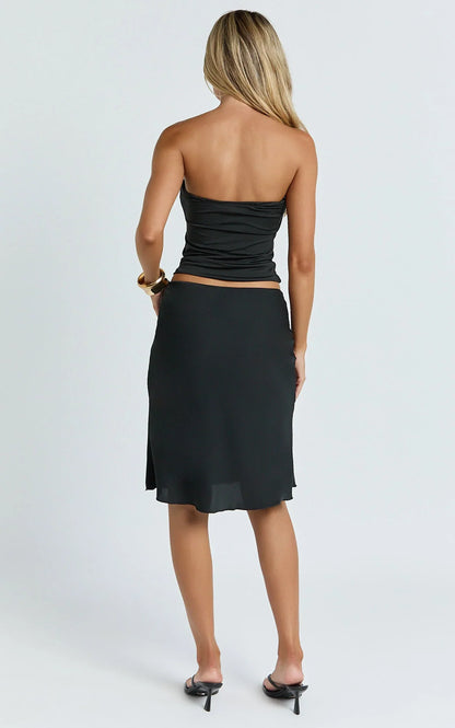 Gina Midi Skirt - Knee Length Slip Skirt in Black