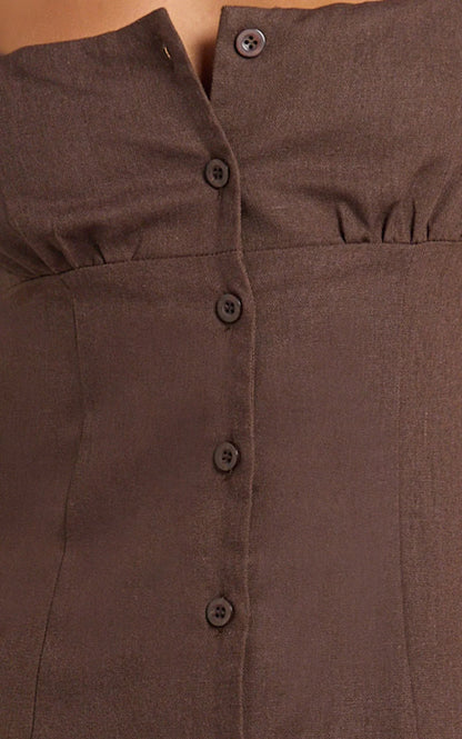 Cameron Midi Dress - Button Front Tie Back Dress in Chocolate