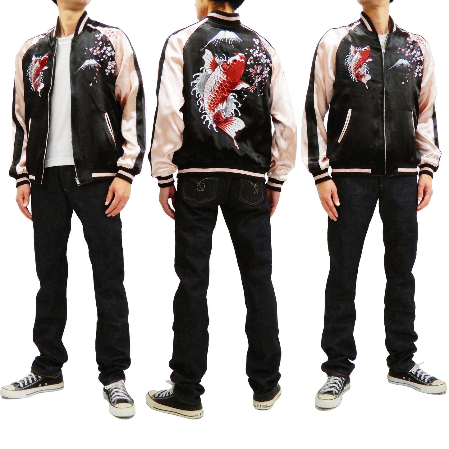 Japanesque Men's Japanese Souvenir Jacket koi fish Embroidered Sukajan 3RSJ-022 Black/Pink