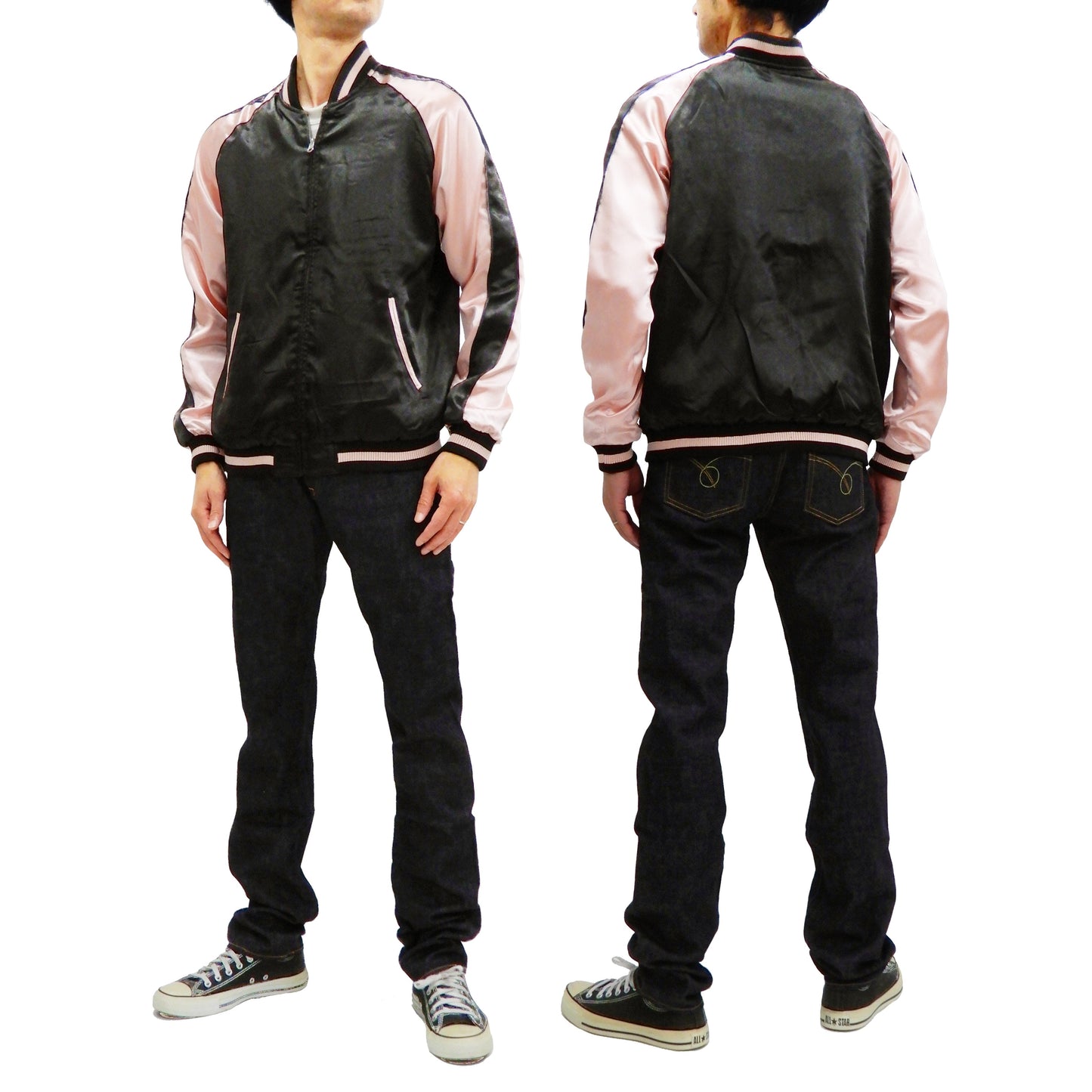 Japanesque Men's Japanese Souvenir Jacket koi fish Embroidered Sukajan 3RSJ-022 Black/Pink