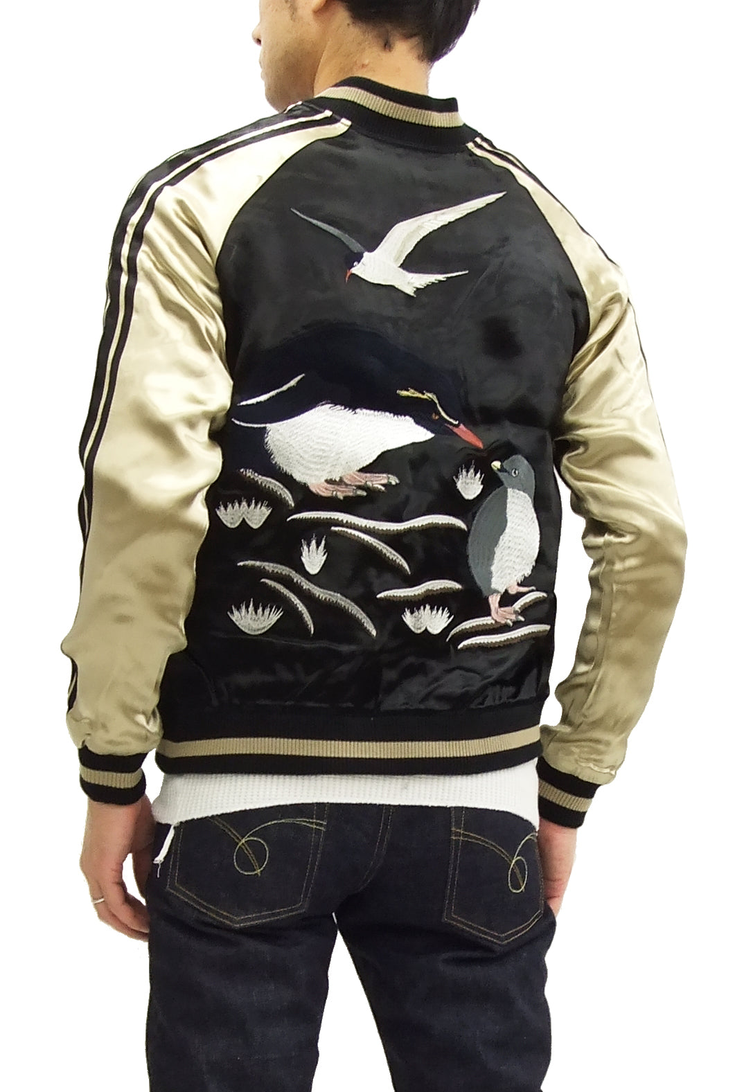 Japanesque Script Japanese Souvenir Jacket 3RSJ-036 Penguin Men's Sukajan Black/Gold