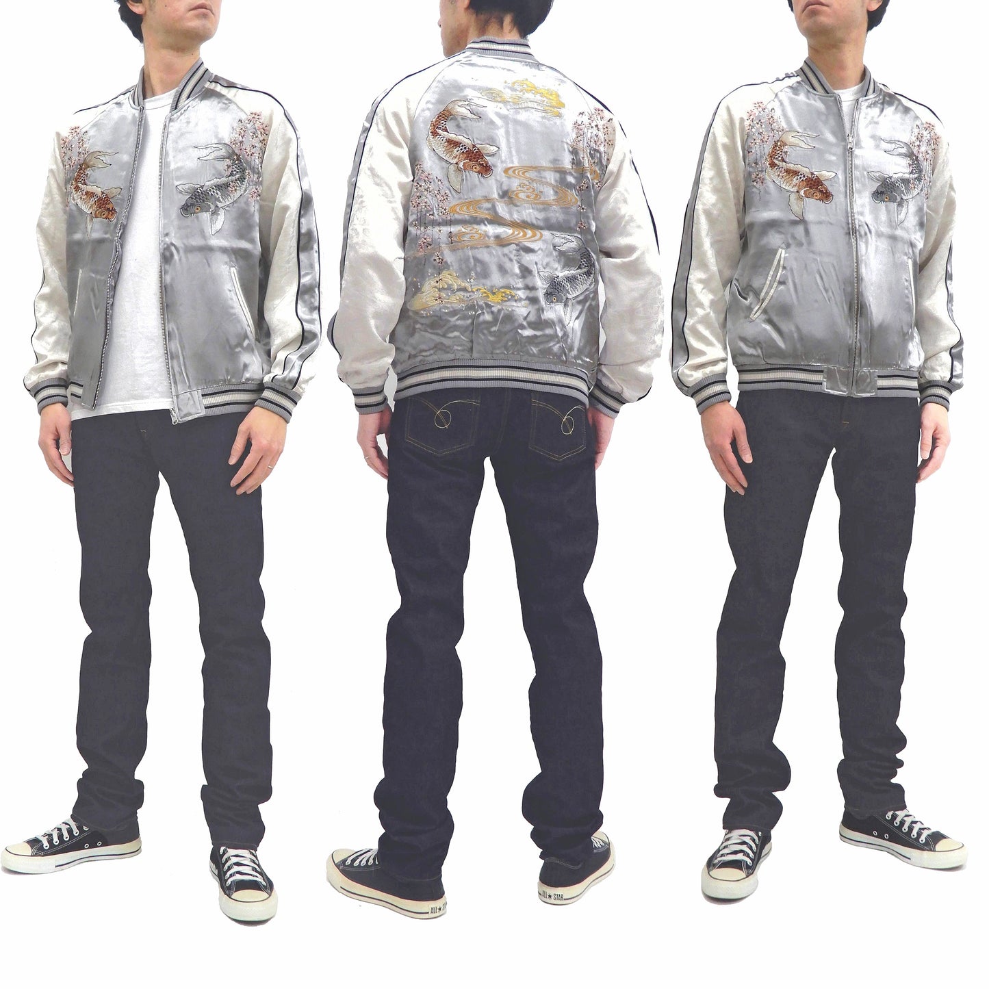 Japanesque Sukajan Men's Japanese Souvenir Jacket Japanese Koi fish 3RSJ-754 Gray/Off