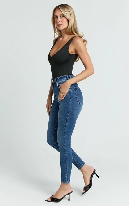Duffy Jeans - High Waisted Super Stretch Skinny Denim Jeans in Dark Blue Wash