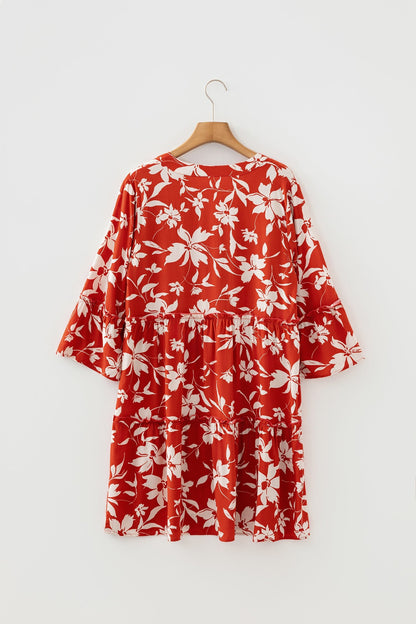 Blue Boho Floral Print Lettuce Trim 3/4 Sleeve Mini Dress