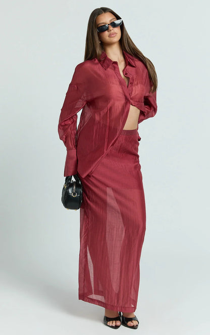 Amalia Midi Skirt - Sheer Ankle Length Pencil Skirt in Cherry
