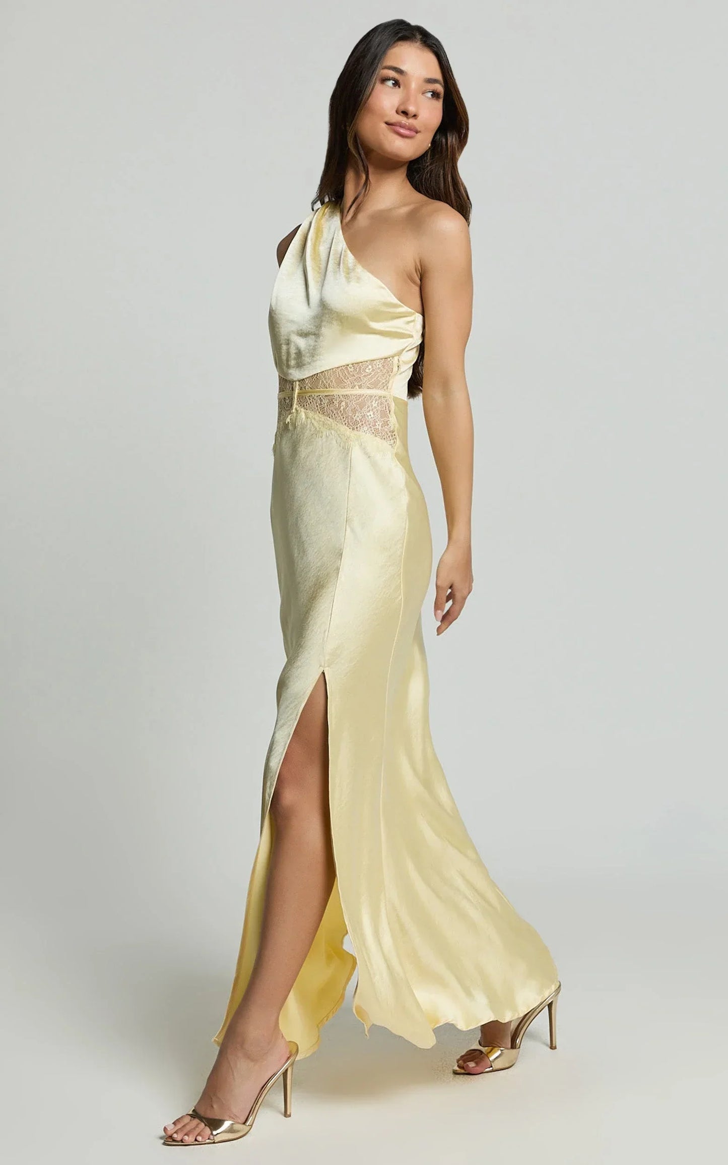 Estella Midi Dress - Asymmetrical Lace Detail Waist Slip Dress in Butter