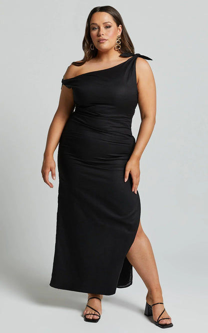 Cincinnati Midi Dress - Off The Shoulder Side Split Column Linen Dress in Black