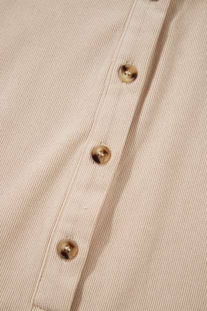 Oatmeal Corduroy Half Button Collared Long Sleeve Mini Dress