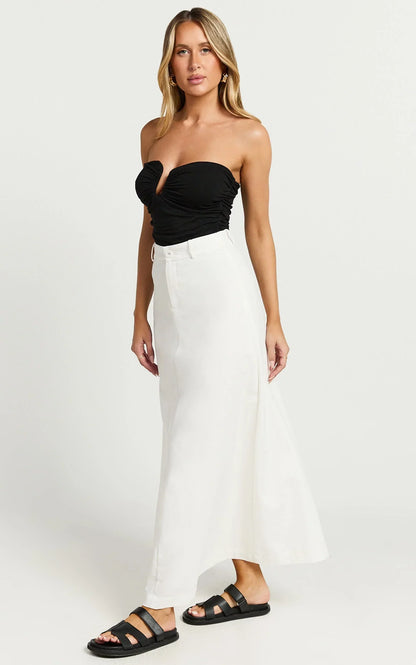Benjie Maxi Skirt - Tailored Linen High Waisted A Line in White