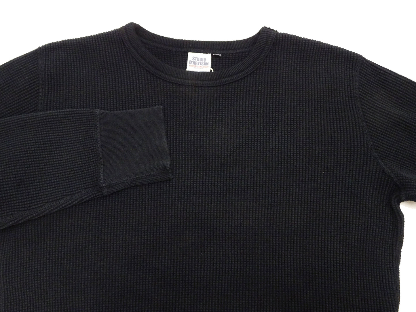 Studio D'Artisan Men's Heavyweight Waffle Knit Thermal Long Sleeve T-Shirt - 100% Cotton, Crew Neck, Ribbed Cuffs, Raw-edge hem, Made in Japan (SDA 9936) Black