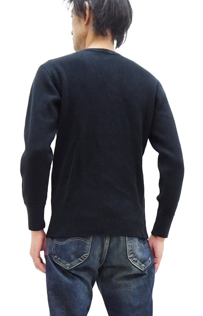 Studio D'Artisan Men's Heavyweight Waffle Knit Thermal Henley Long Sleeve T-Shirt - 100% Cotton, Ribbed Crew Neck Band, Ribbed Cuffs, Raw-edge hem, Made in Japan (SDA 9937) Black