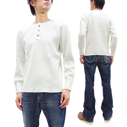 Studio D'Artisan Men's Heavyweight Waffle Knit Thermal Henley Long Sleeve T-Shirt - 100% Cotton, Ribbed Crew Neck Band, Ribbed Cuffs, Raw-edge hem, Made in Japan (SDA 9937) White