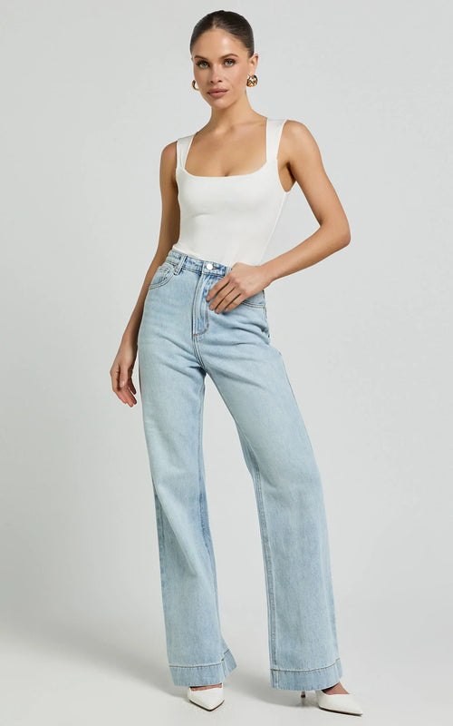 Emman Jeans - High Waisted Cotton Wide Leg Denim Jeans in Sunday Blue
