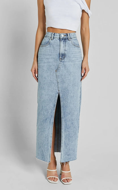 Kira Midi Skirt - Front Split Denim Skirt in Light Blue Wash