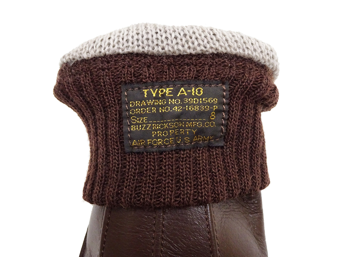 Buzz Rickson Men's Type A-10 Leather Gloves - U.S. Army Air Forces Reproduction - Made in Japan - (BR02835 02 Brown Leather with Brown Ribbed Knit Wrist Cuffs)