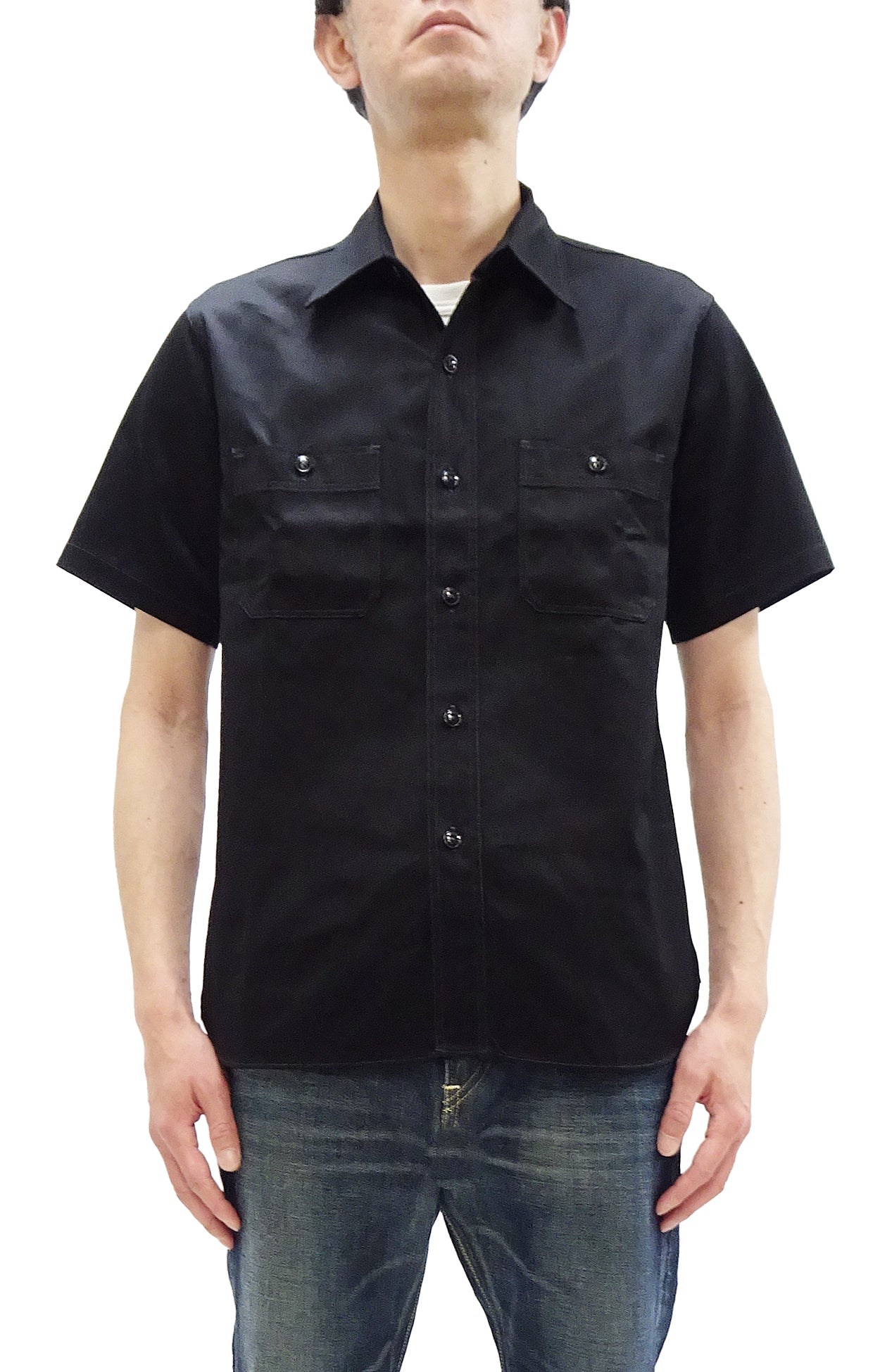 Buzz Rickson Herringbone Work Shirt - Men's Casual Military-Inspired Solid HBT Short-Sleeve Button-Up Shirt BR39530 119) Black