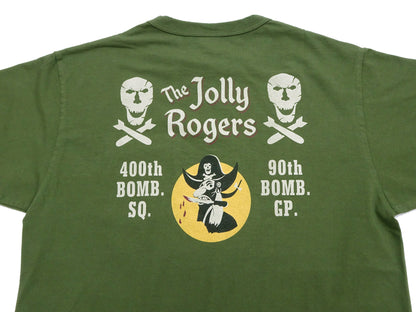Buzz Rickson Men's Short Sleeve Loopwheeled Graphic Pocket T-Shirt - Jolly Rogers Military-Inspired Print - Made in USA (BR79711 149 Olive)
