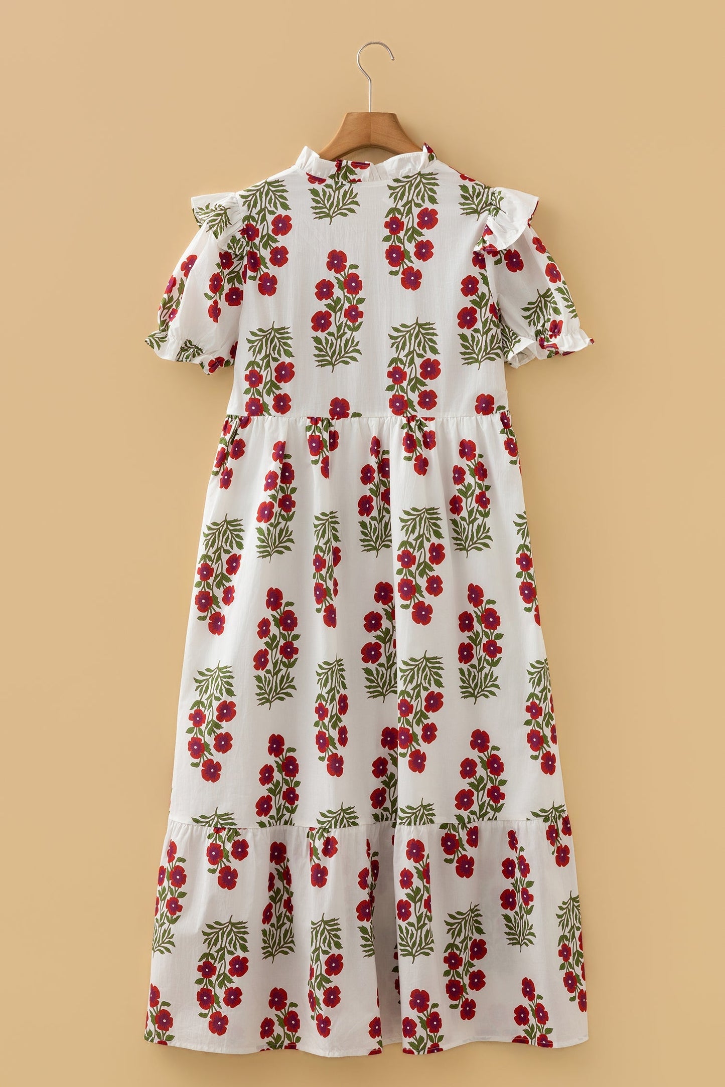 White Floral Print V Neck 3/4 Sleeve Loose Mini Dress