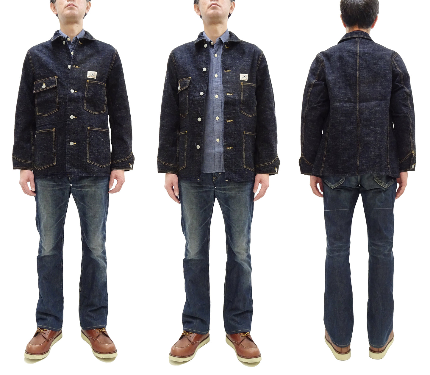 Studio D'Artisan Men's 15oz Selvedge Denim Chore Coat Jacket - Made in Japan, Regular Fit, Toyoda GL3 Loom-Woven (SDA D4620, One-Wash)