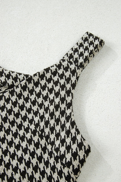 Khaki Houndstooth Print V Neck Sleeveless Mini Dress