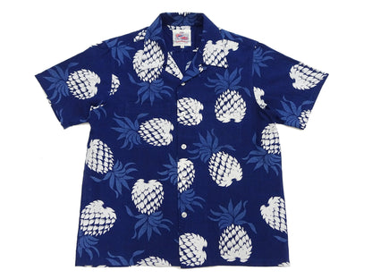 Duke Kahanamoku Cotton Hawaiian Shirt Men's 1950s Duke's Pineapple Print Reproduction Short-Sleeve Indigo Aloha Shirt DK39045 128 Navy-Blue