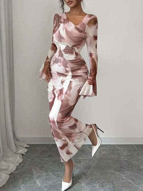 Asymmetrical Neck Long Sleeve Maxi Dress
