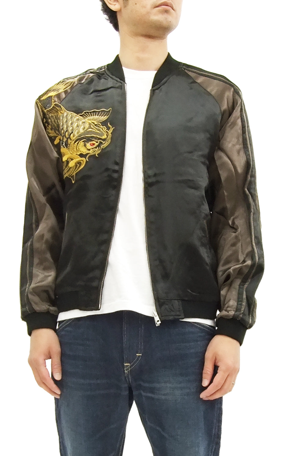 SATORI Japanese Souvenir Jacket Koi Fish Carp Men's Sukajan GSJ-015 Black/Brown