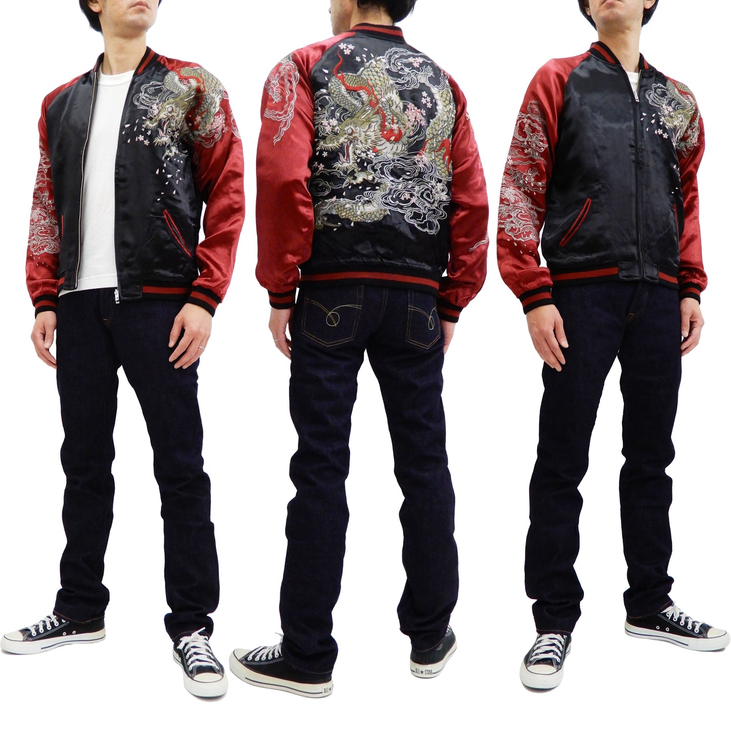 Satori Script Men's Japanese Souvenir Jacket Dragon Embroidered Sukajan GSJR-022 Black/Wine