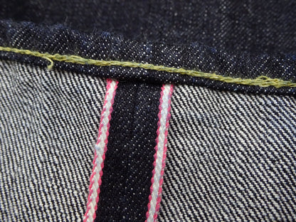 Momotaro Jeans #100 with Double-Stripe Paint Men's Loose Fit Classic Straight Button-Fly Jean Pants 14.7oz. Zimbabwean Cotton Deep Indigo Denim MMJB0101 One-Wash