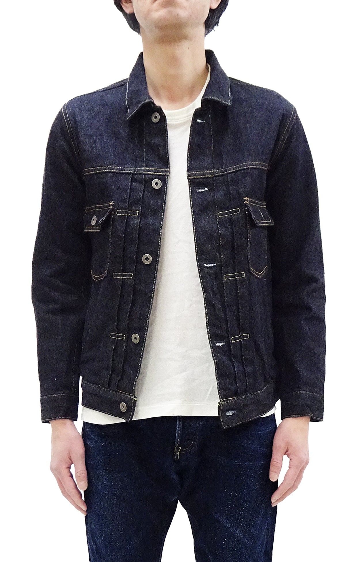 Oni Denim Jacket ONI-02516P Men's Casual Modern-Fit 15 Oz. Low-Tension Selvedge Denim Type II Style Jean Jacket Deep-Indigo One-Wash