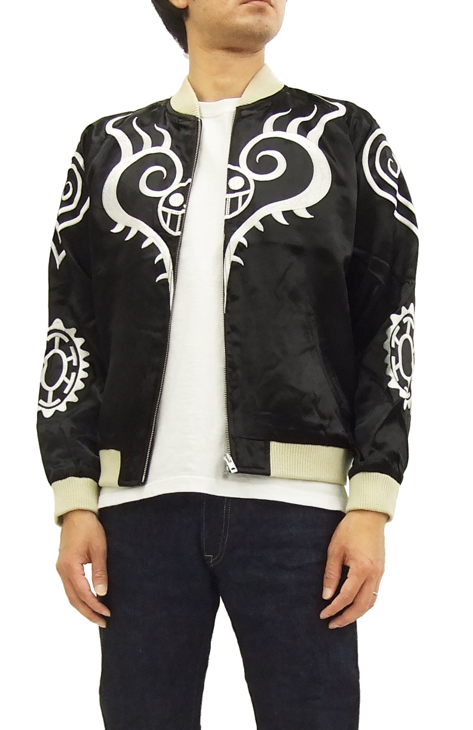 Hanatabi Gakudan Men's Japanese Souvenir Jacket Japanese ONE PIECE Sukajan Script OPSJ-003 Black