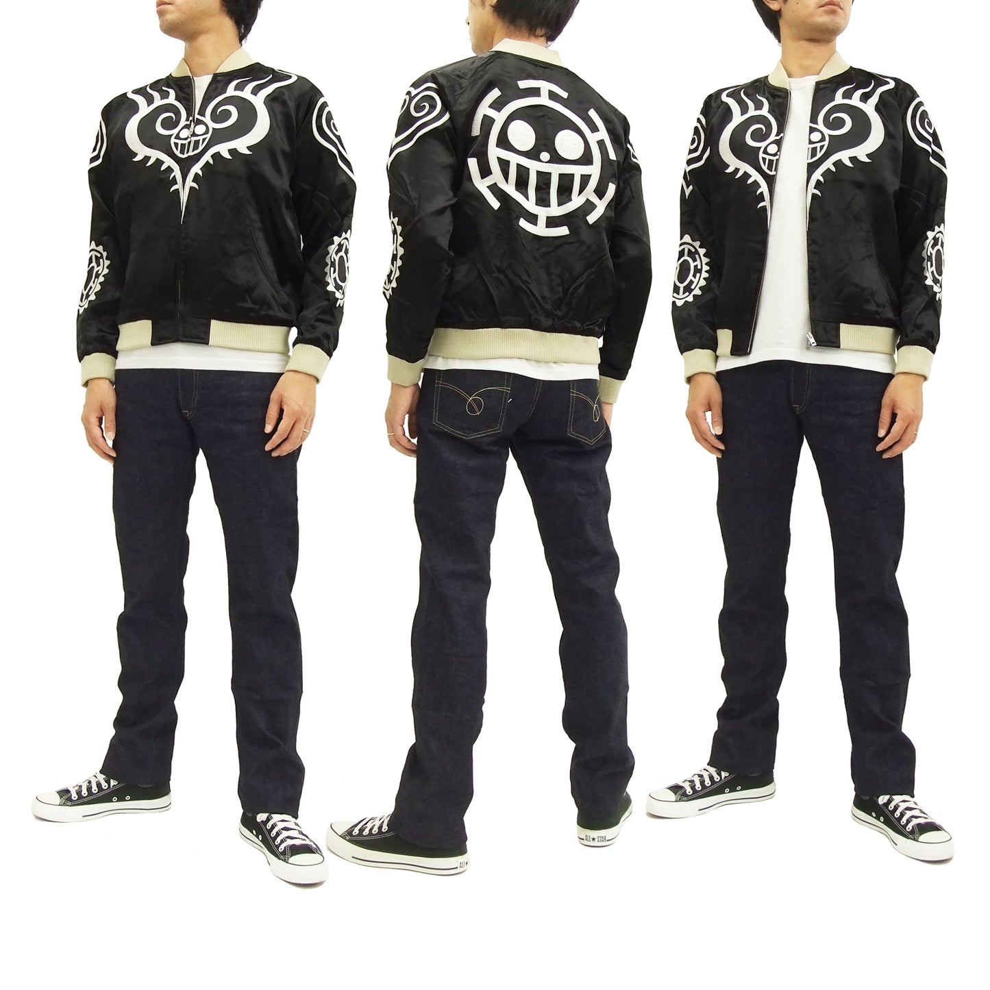 Hanatabi Gakudan Men's Japanese Souvenir Jacket Japanese ONE PIECE Sukajan Script OPSJ-003 Black