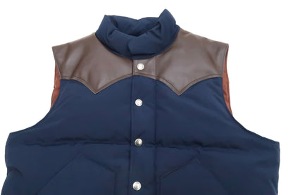Sugar Cane Down Vest with Leather Yoke Panel Men's Winter Outerwear Vest SC15222 128 Navy-Blue/Brown