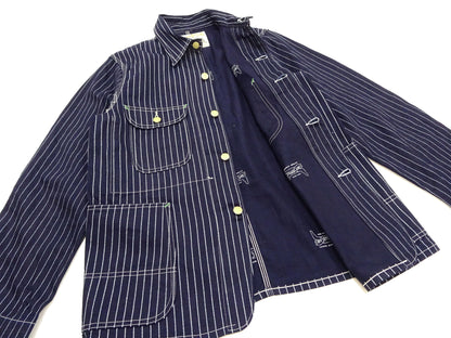 Sugar Cane Jacket SC15658 Men's Casual 9oz. WAbash Stripe Work Coat Chore Coat Indigo One-Wash