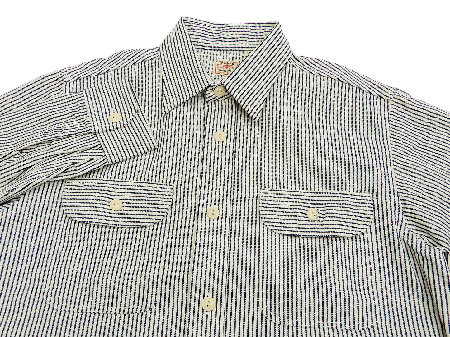 Sugar Cane Hickory Stripe Work Shirt Men's Casual Long Sleeve Button Up Shirt SC27853 Off-White