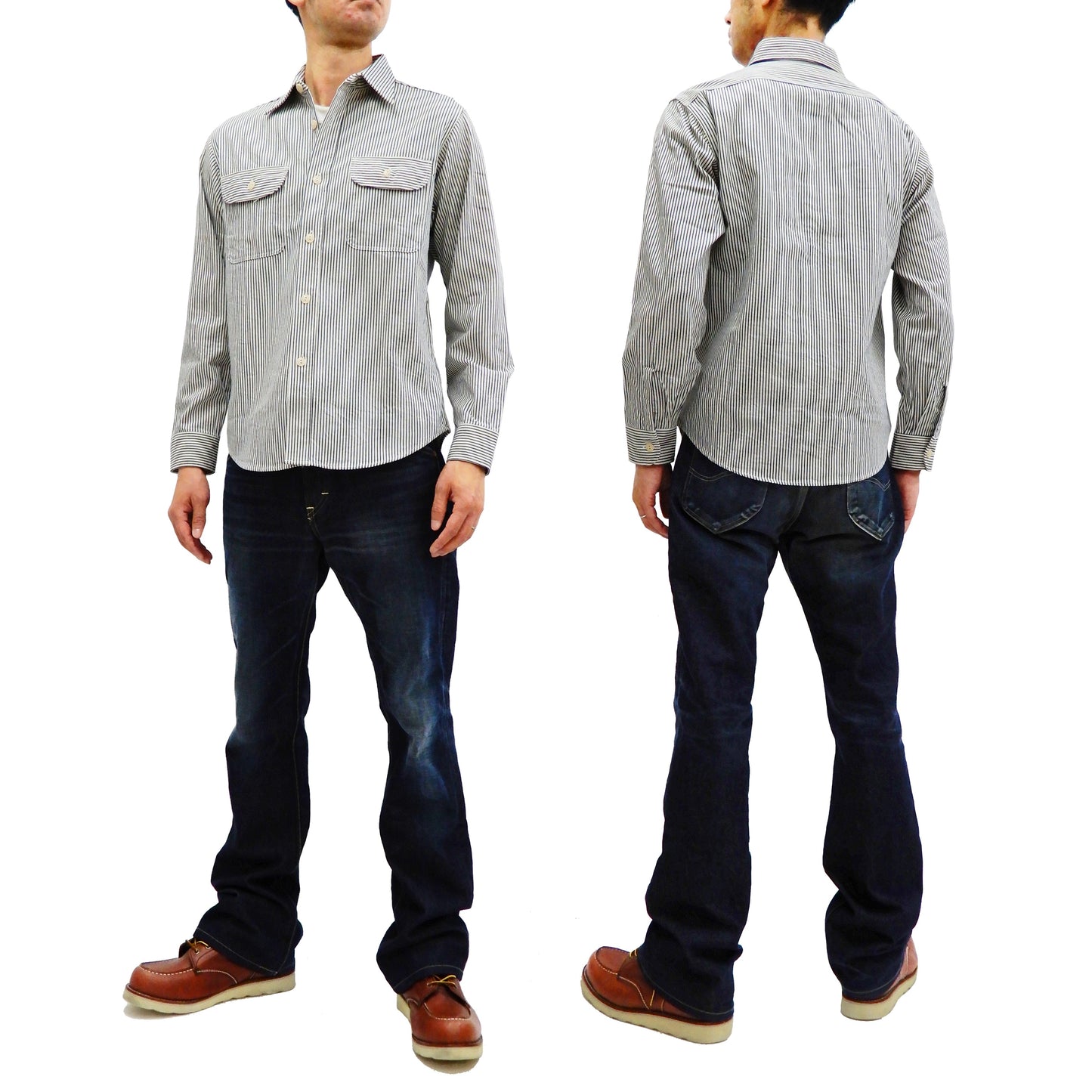 Sugar Cane Hickory Stripe Work Shirt Men's Casual Long Sleeve Button Up Shirt SC27853 Off-White