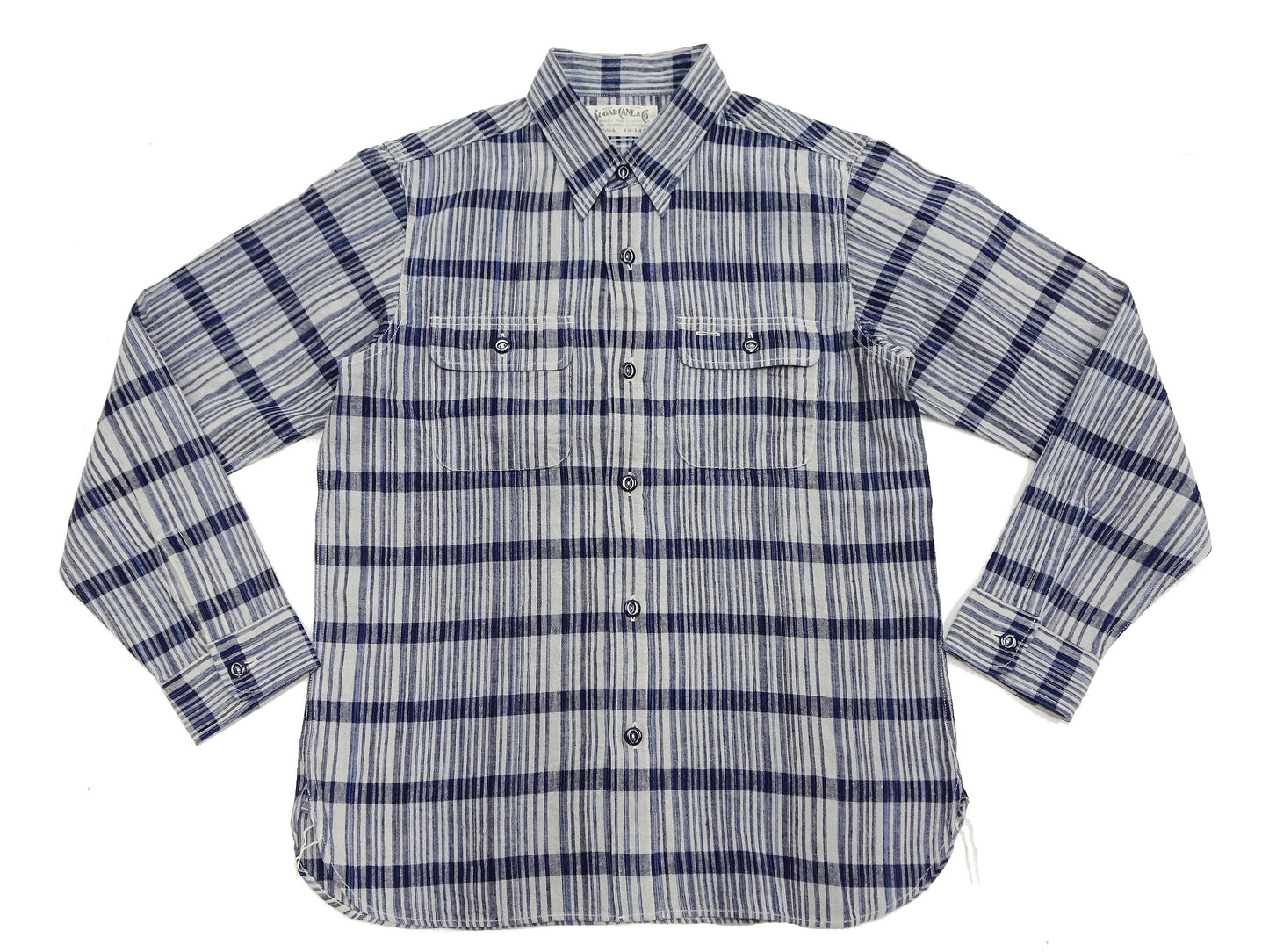 Sugar Cane Men's Indigo Plaid Long-Sleeve Work Shirt - Fiction Romance Collection - 100% Cotton, Inspired by Traditional Japanese Kimono Fabric, Made in Japan (SC29591 401A Off White)