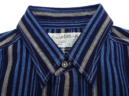 Sugar Cane Men's Indigo Vertical Multi-Stripe Long-Sleeve Work Shirt - Fiction Romance Collection - 100% Cotton, Inspired by Traditional Japanese Kimono Fabric, Made in Japan (SC29592 421A Navy)