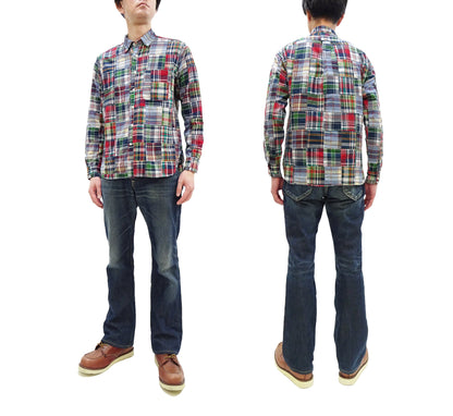 Sugar Cane Men's Long Sleeve Patchwork Madras Button-Down Shirt, Lightweight 100% Cotton Plaid, Made in Japan (SC29736 128 Navy Tone)