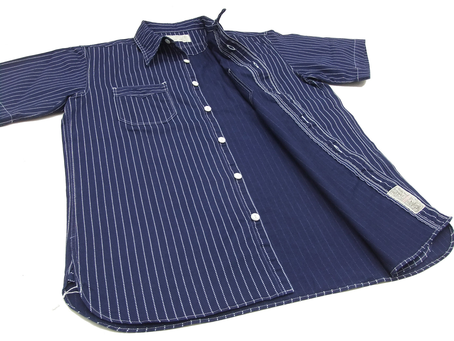 Sugar Cane Men's Short Sleeve Indigo Wabash Stripe Work Shirt, 8.5 oz Cotton Twill, One-Wash, Made in Japan (Fiction Romance SC36267 421A)