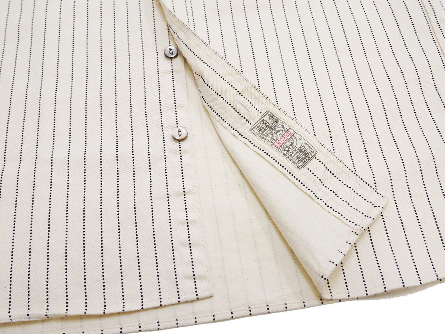 Sugar Cane Men's Short Sleeve Ecru Wabash Stripe Work Shirt 8.5 oz Cotton Twill Made in Japan (Fiction Romance SC37275 401A One-Wash)