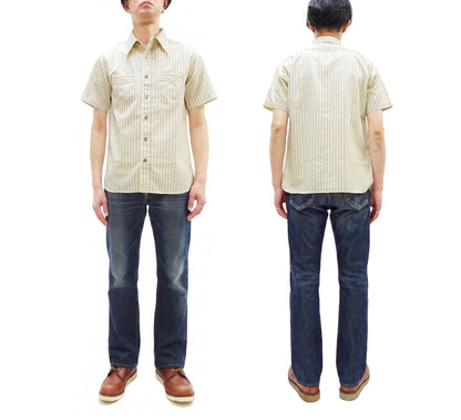 Sugar Cane Men's Short Sleeve Ecru Wabash Stripe Work Shirt 8.5 oz Cotton Twill Made in Japan (Fiction Romance SC37275 401A One-Wash)