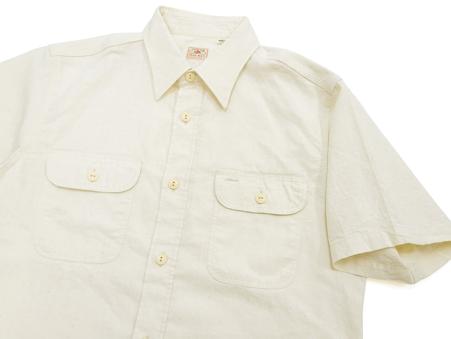 Sugar Cane Ecru Chambray Shirt Men's Casual Short Sleeve Plain Button Up Work Shirt SC37942 401 Ecru One Wash