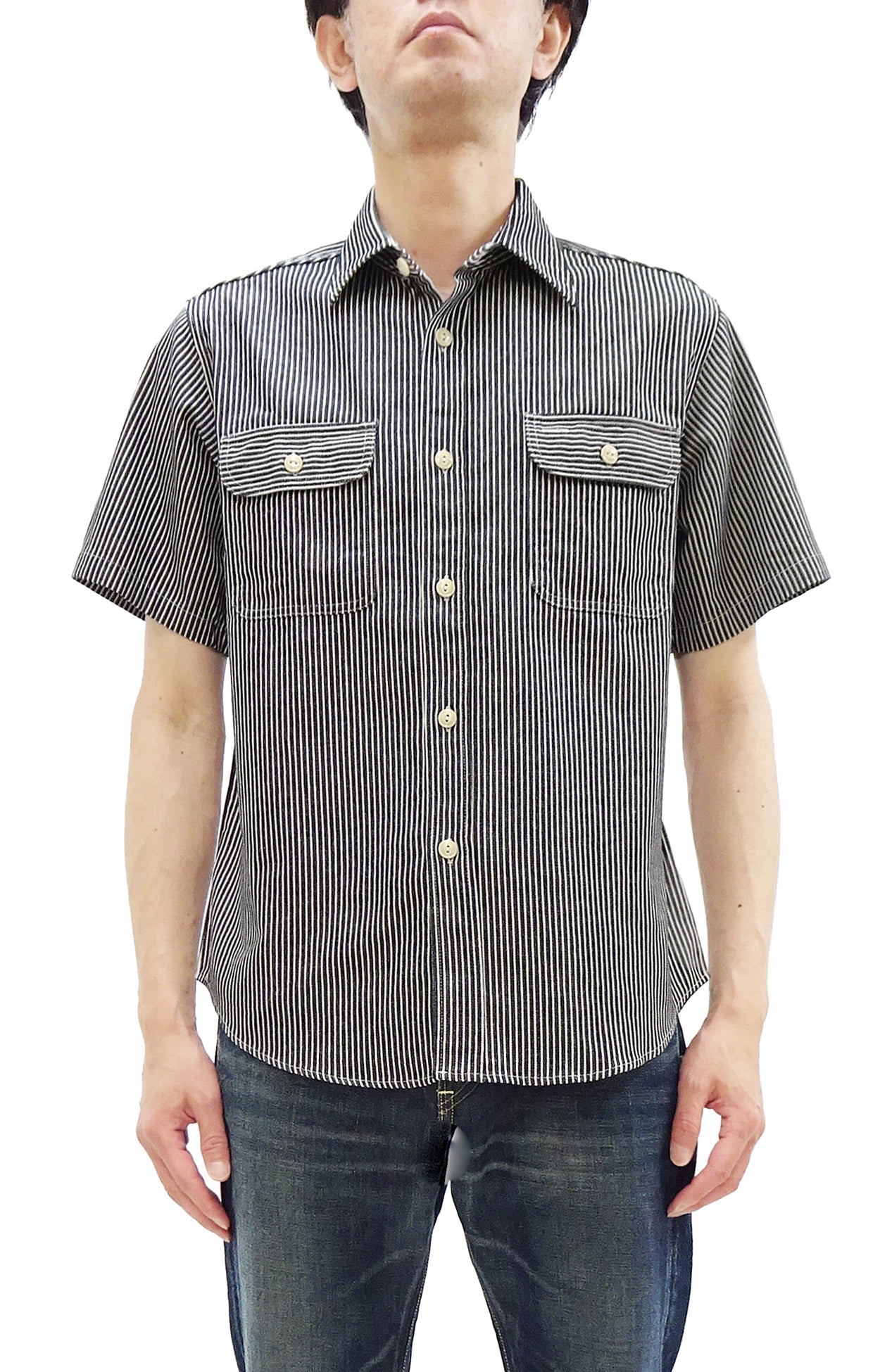 Sugar Cane Hickory Stripe Work Shirt - Men's Casual Short Sleeve Button Up Shirt SC37944 119 Black