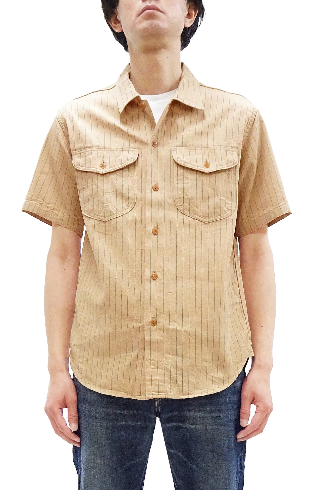 Sugar Cane Coke Stripe Work Shirt - Men's Casual Short Sleeve Pinstripe Button Up Shirt SC38699 133 Beige