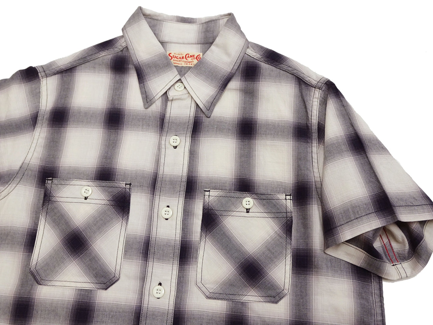 Sugar Cane Ombre Plaid Work Shirt Men's Casual Vintage-Style Short Sleeve Check Button Up Shirt SC39519 105 Off-White