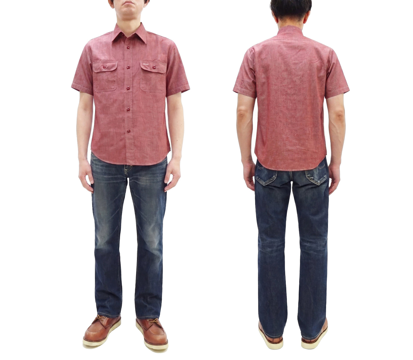 Sugar Cane Red Chambray Work Shirt Men's Short Sleeve Cotton Button-Up Shirt Made in Japan (SC39703 / 461A Red / One-Wash)