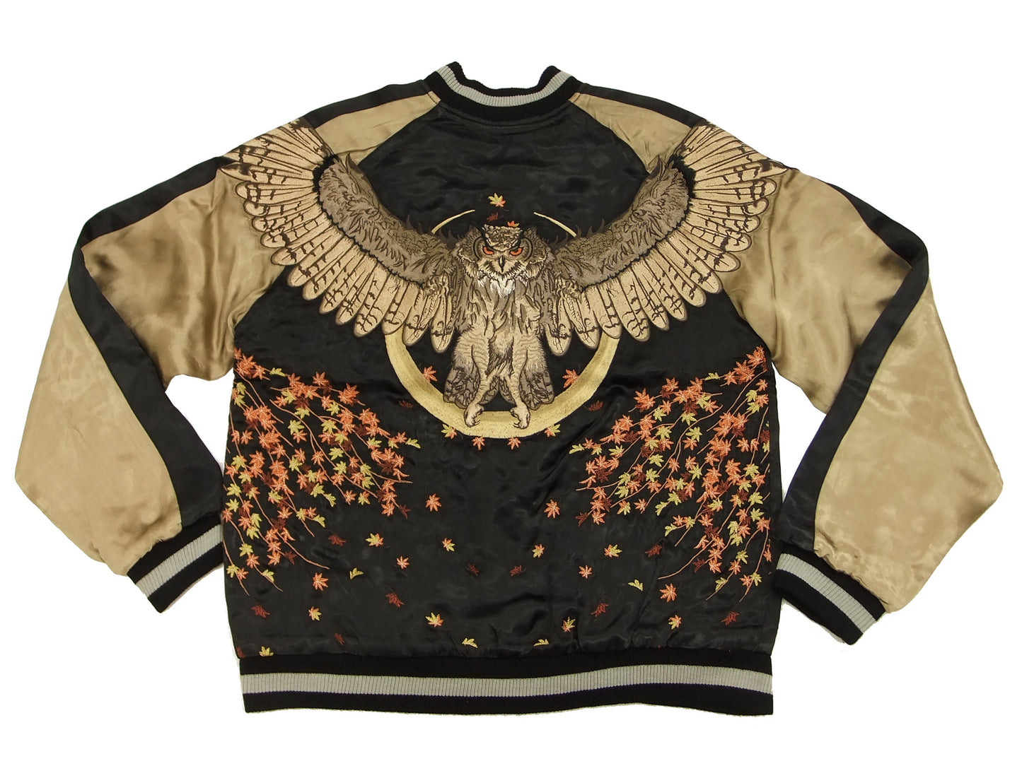 Hanatabi Gakudan Men's Japanese Souvenir Jacket Owl and Autumn Leaves Sukajan Script SKJ-179