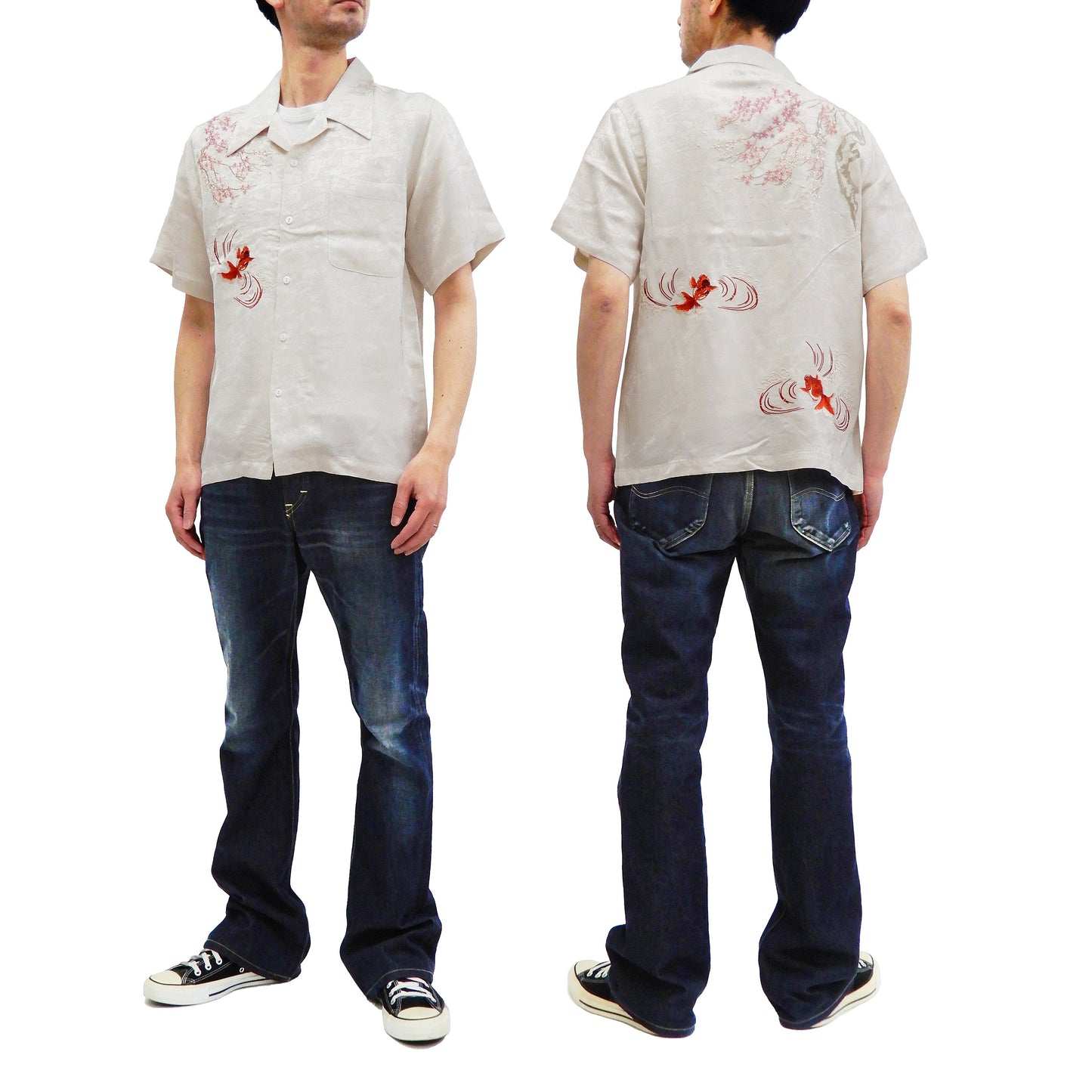 Hanatabi Gakudan Men's S/S Jacquard Shirt with Japanese Art Embroidery SS-002 Off-white