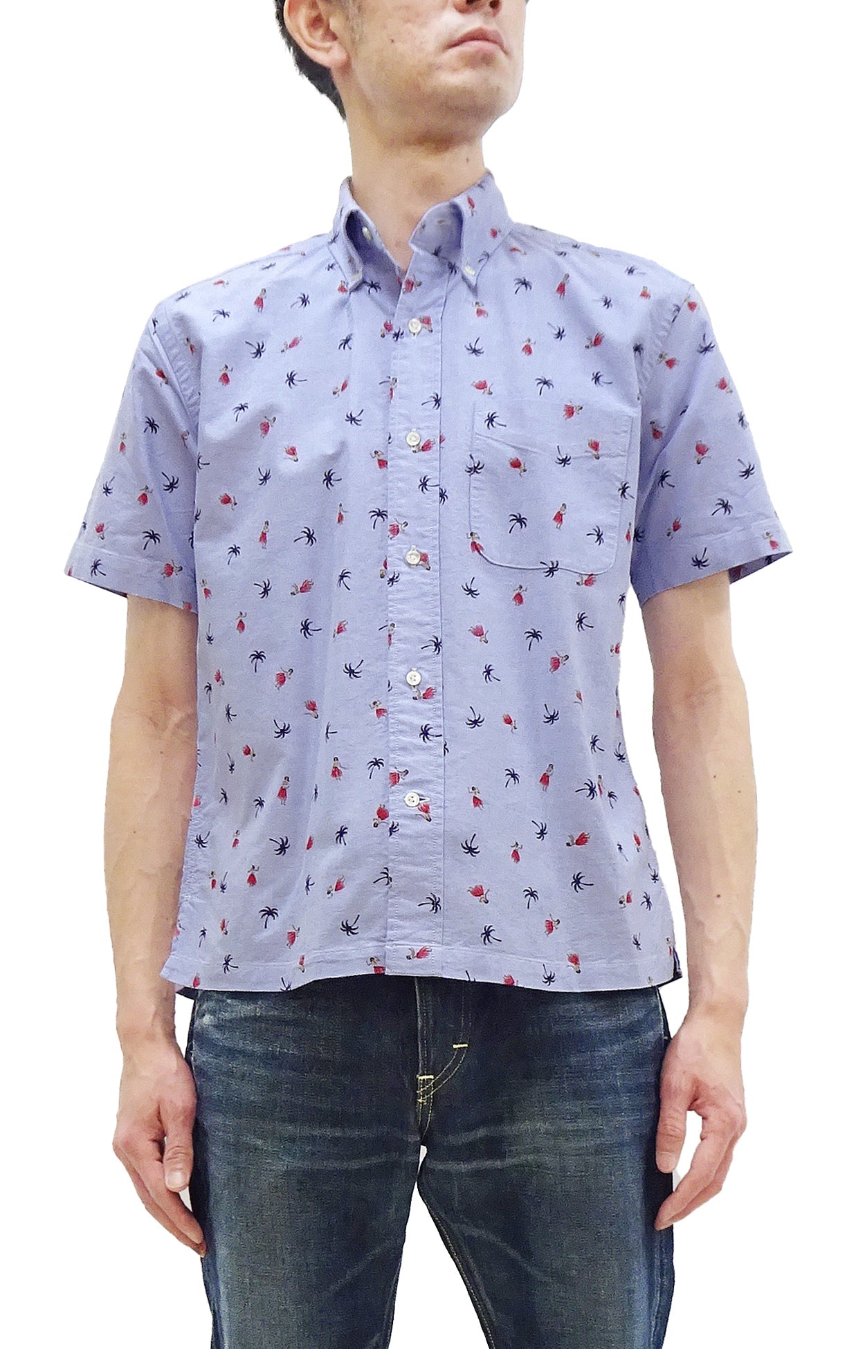 Sun Surf Casual Button Down Shirt Men's Short Sleeve Hula Dancer Palm Tree All-over Print Oxford Button Up Shirt SS39282 125 Blue
